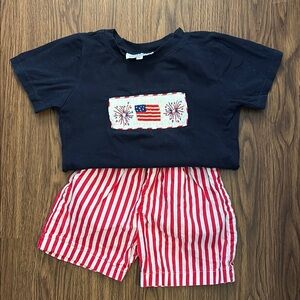 Navy Smocked Flag T-Shirt and Red Striped Shorts Set